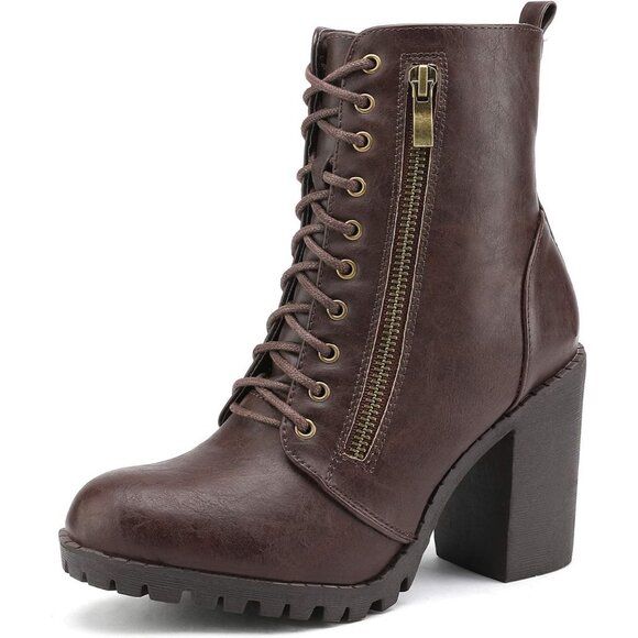 Shoes - Women's Faux Leather Brown Combat Ankle Chunky Heel Lace up Heeled Booties